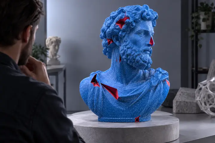 Blaues 3D-Mesh-Modell mit sichtbar umgekehrten Flächen vor einem sauberen Studiohintergrund