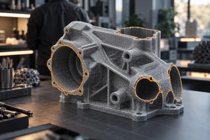 Detailliertes graues Polygon-Mesh mit hervorgehobenen offenen Randkanten in einem sanften technischen Studio