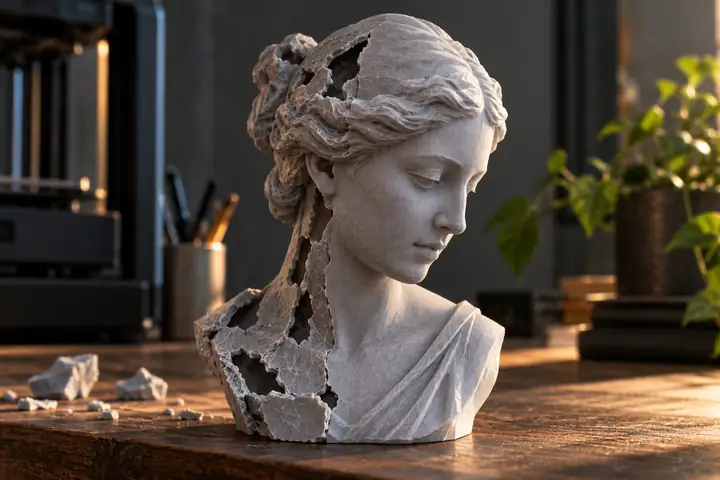 Kleines skulpturales 3D-Objekt mit reparierter Oberfläche und subtilen Polygon-Details