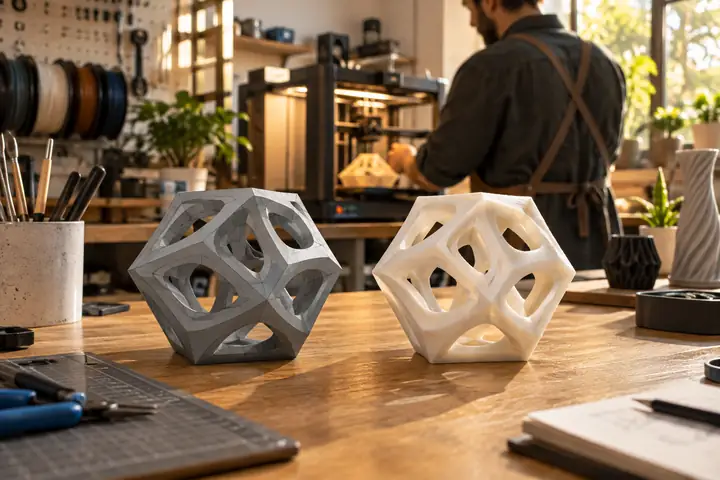 Druckfertiges geometrisches STL-Objekt neben einem fertigen 3D-Druck in einer hellen Werkstattumgebung